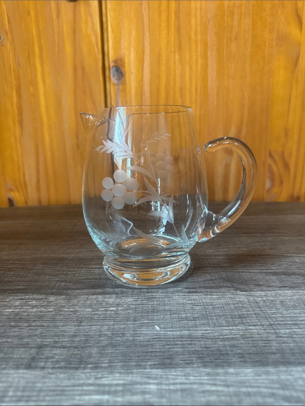 1990s Heritage House Hand Blown and Etched Pitcher with an ice lip